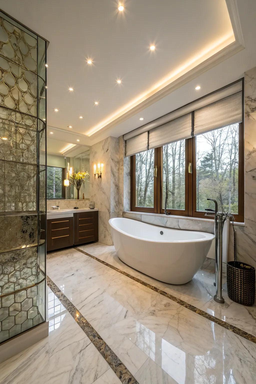 Modern stand-alone tub serving as a point of interest inside an opulent bathroom.