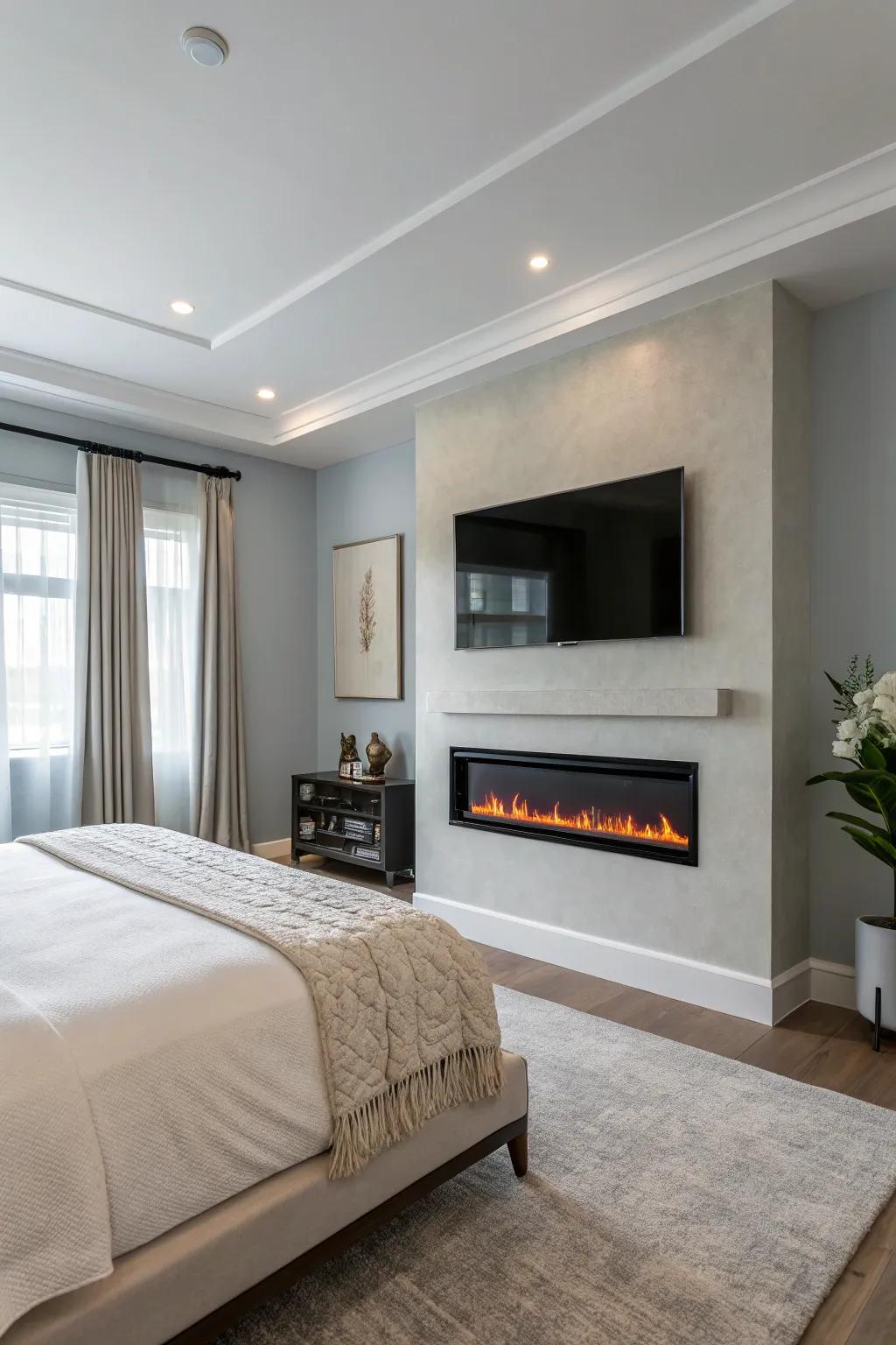 A modern, minimalist bedroom with a chic electric fireplace brings contemporary refinement.
