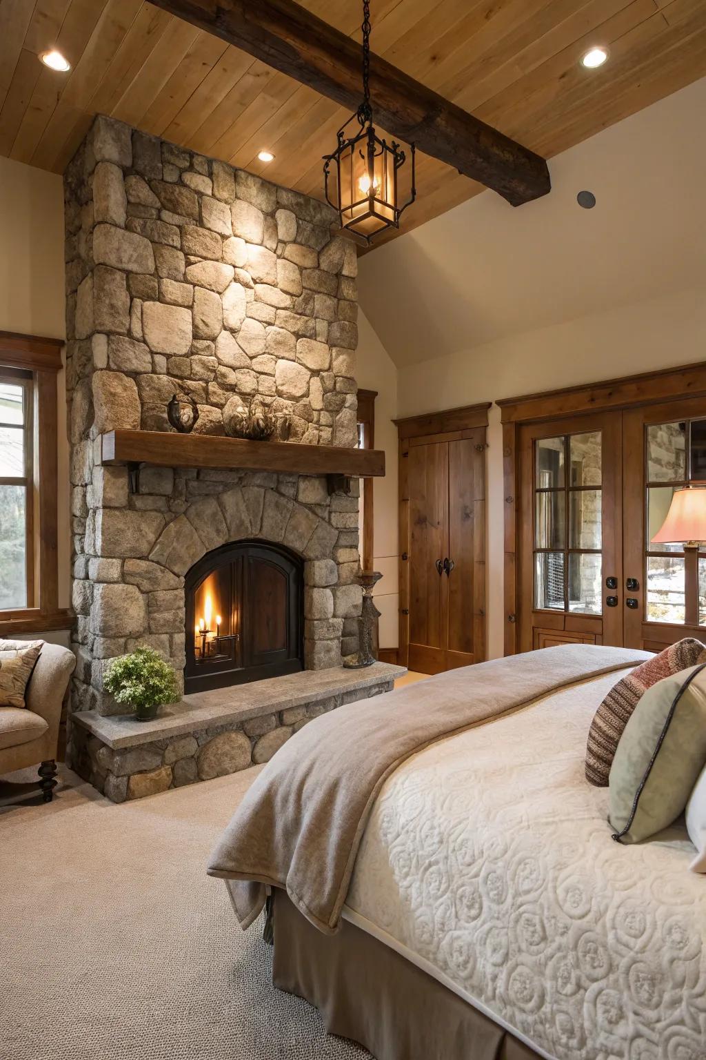 A quintessential stone fireplace lends enduring allure to any primary suite.