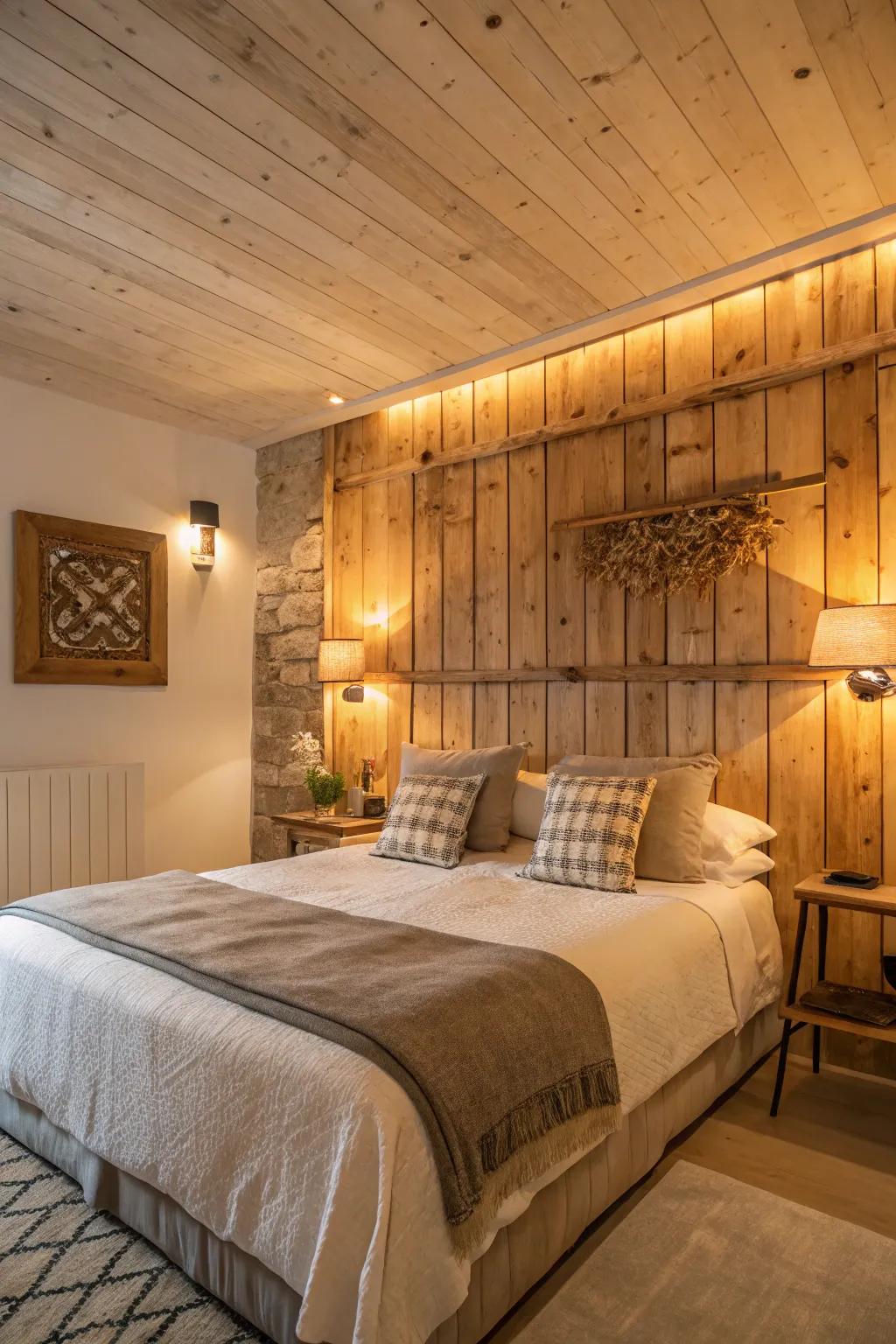 Embrace the comfort of organic timber boards for a rustic, welcoming headboard wall.