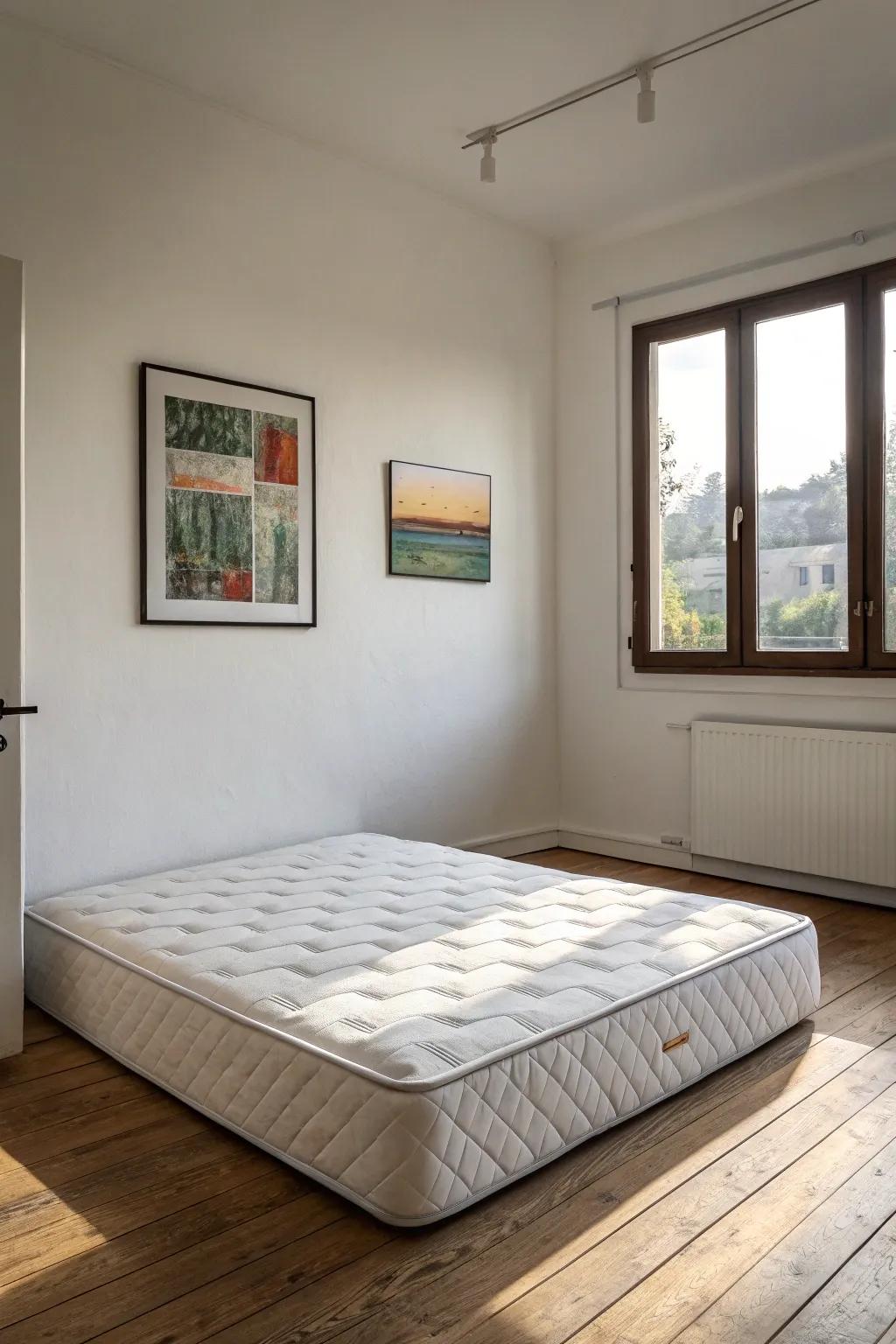 A minimalist bedroom featuring clean lines and a bed on the floor.