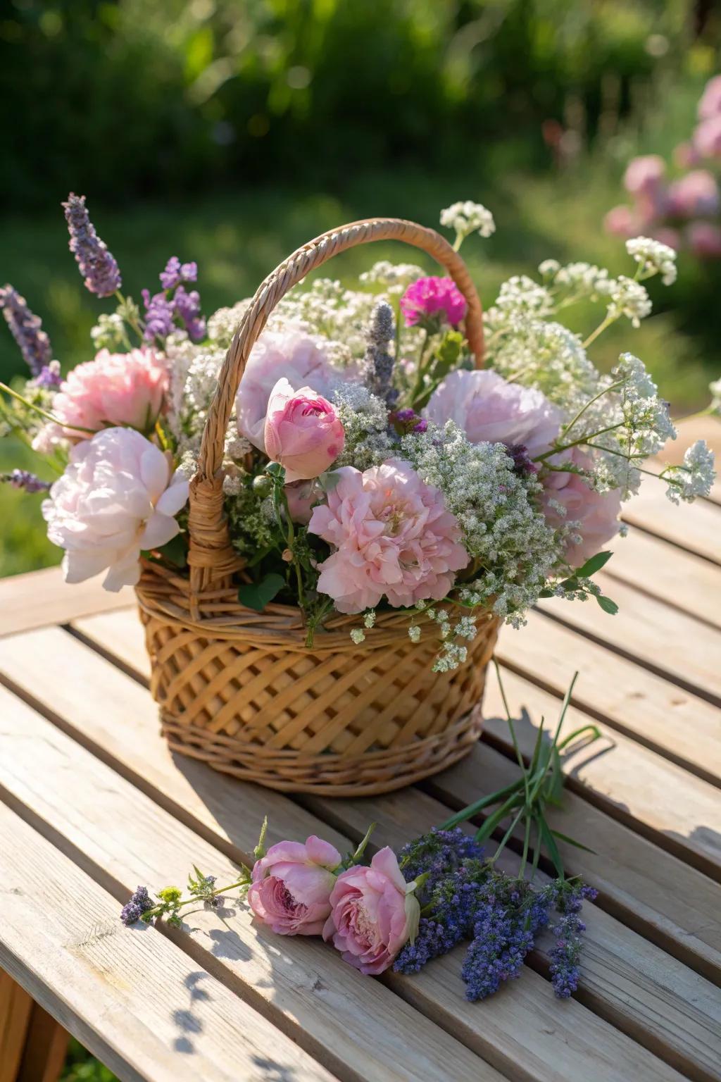 A radiant display of freshly arranged flowers nestled in an adorable woven basket.