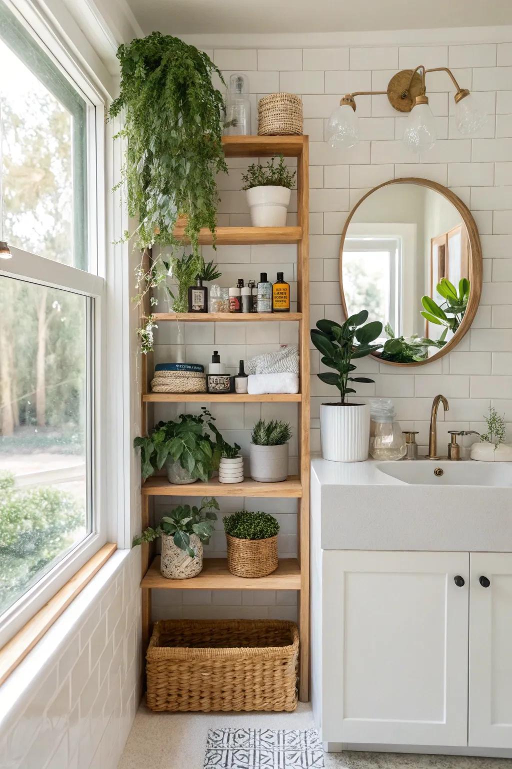 Open shelves combine functionality with stylish appeal in a bathroom setting.
