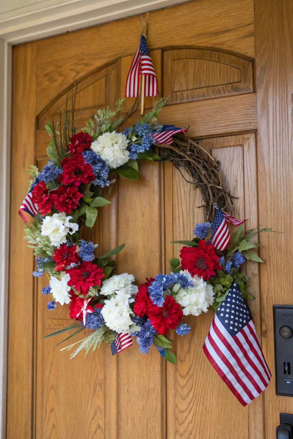 A timeless patriotic wreath with flowers and flags.