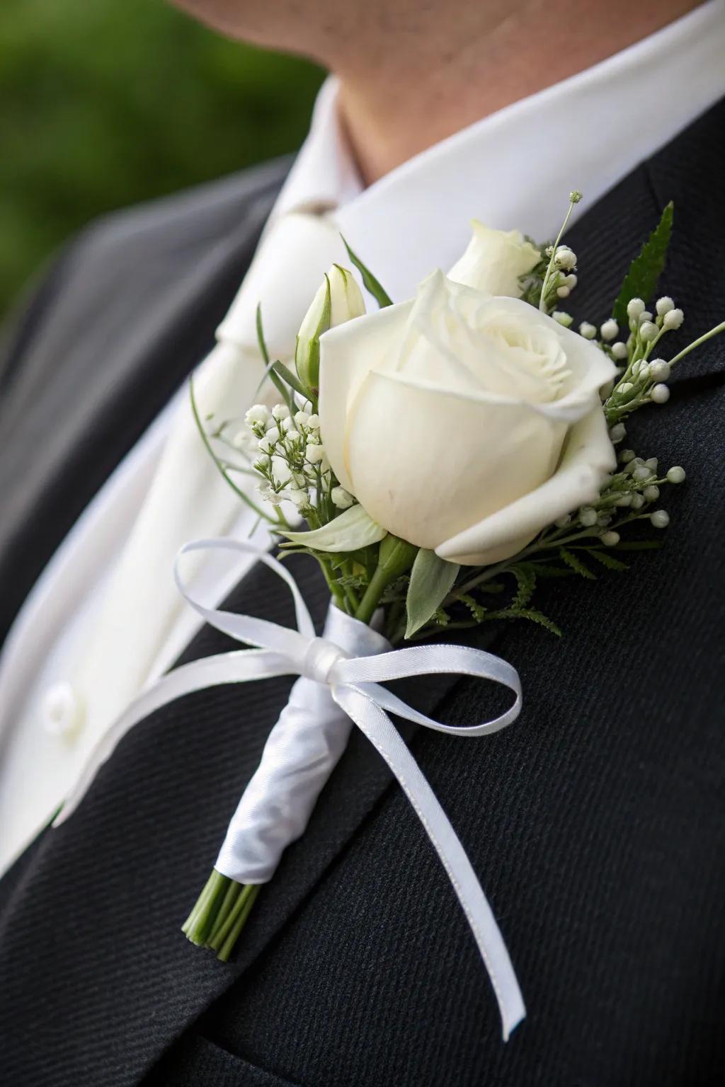 A timeless ivory rose boutonniere introduces perpetual refinement.