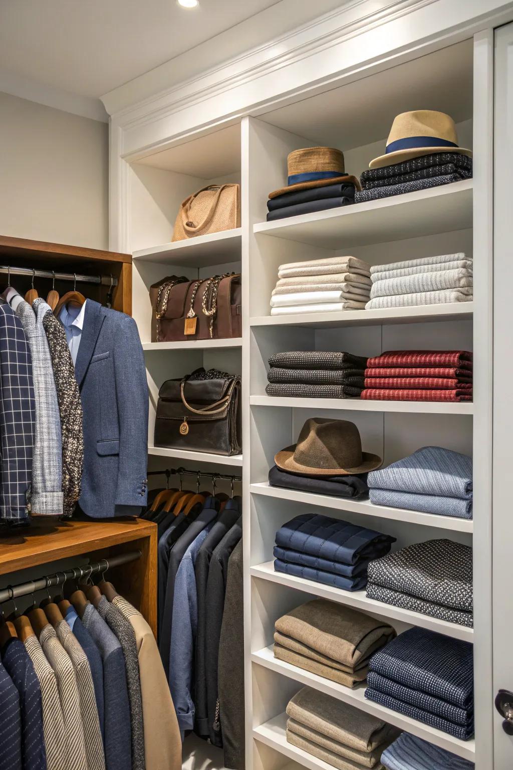 Open shelving displaying a neatly arranged men's clothing collection.