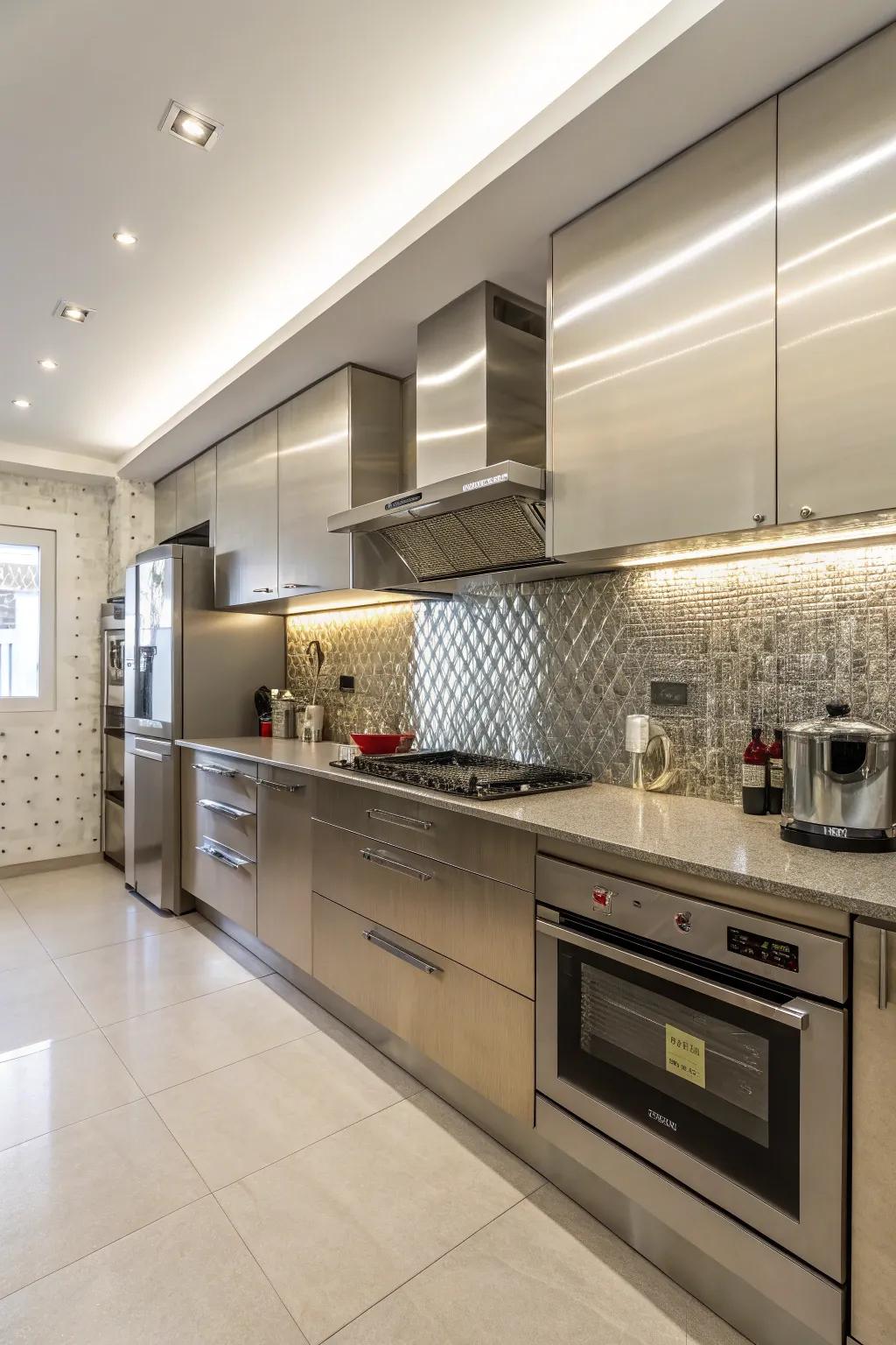 A kitchen showcasing the sleekness of a stainless steel backsplash.