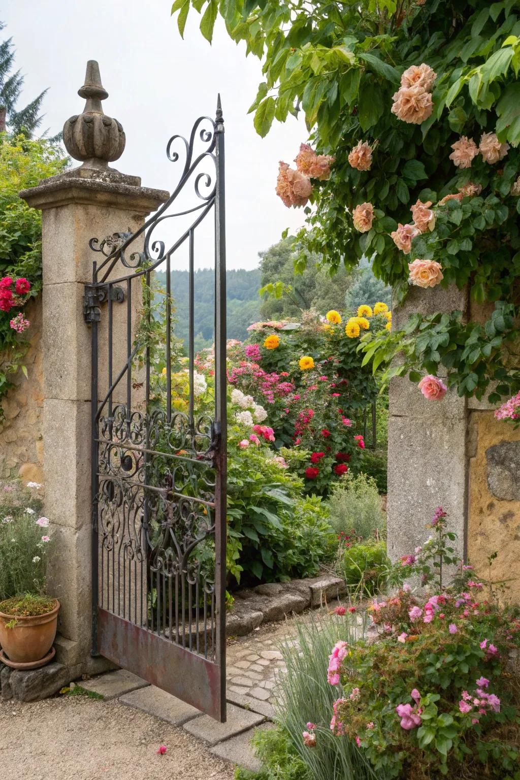 An enchanting wrought iron garden gate that beckons you into a realm of organic splendor.