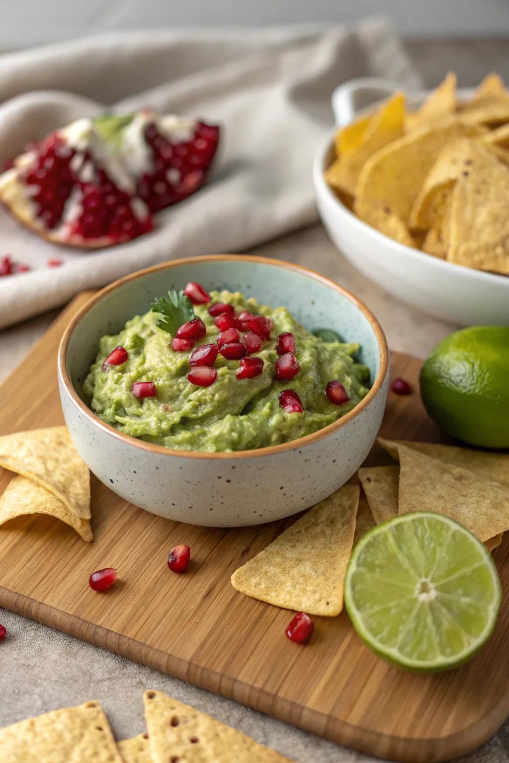 Guacamole elevated: pomegranate seeds contribute a burst of color and taste.