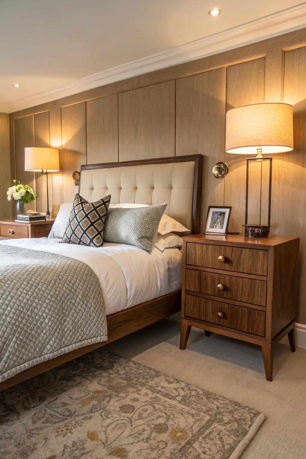 A mid-century modern bedroom highlights a stunning walnut bed frame and smooth oak bedside tables.