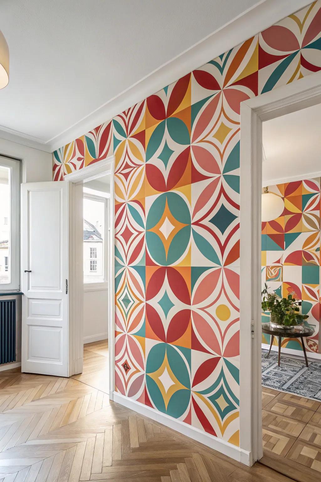 A space featuring striking geometric mid-century wallcovering with abstract shapes.