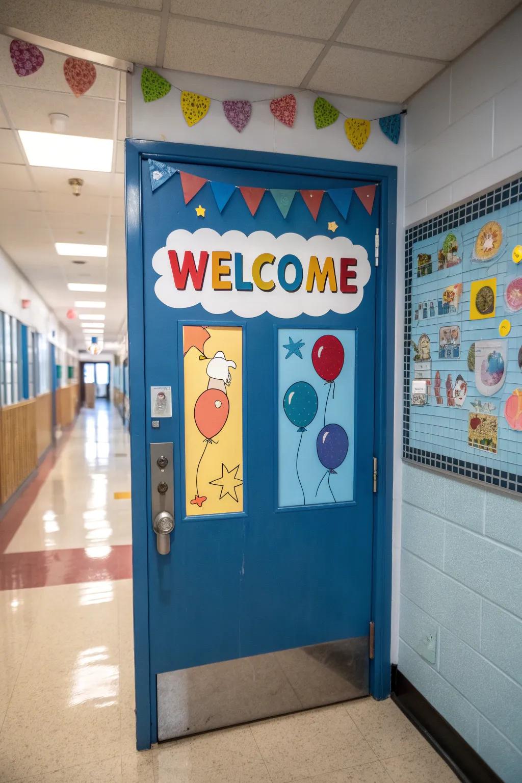 A classroom door adorned with a welcoming message in bold, vibrant letters.