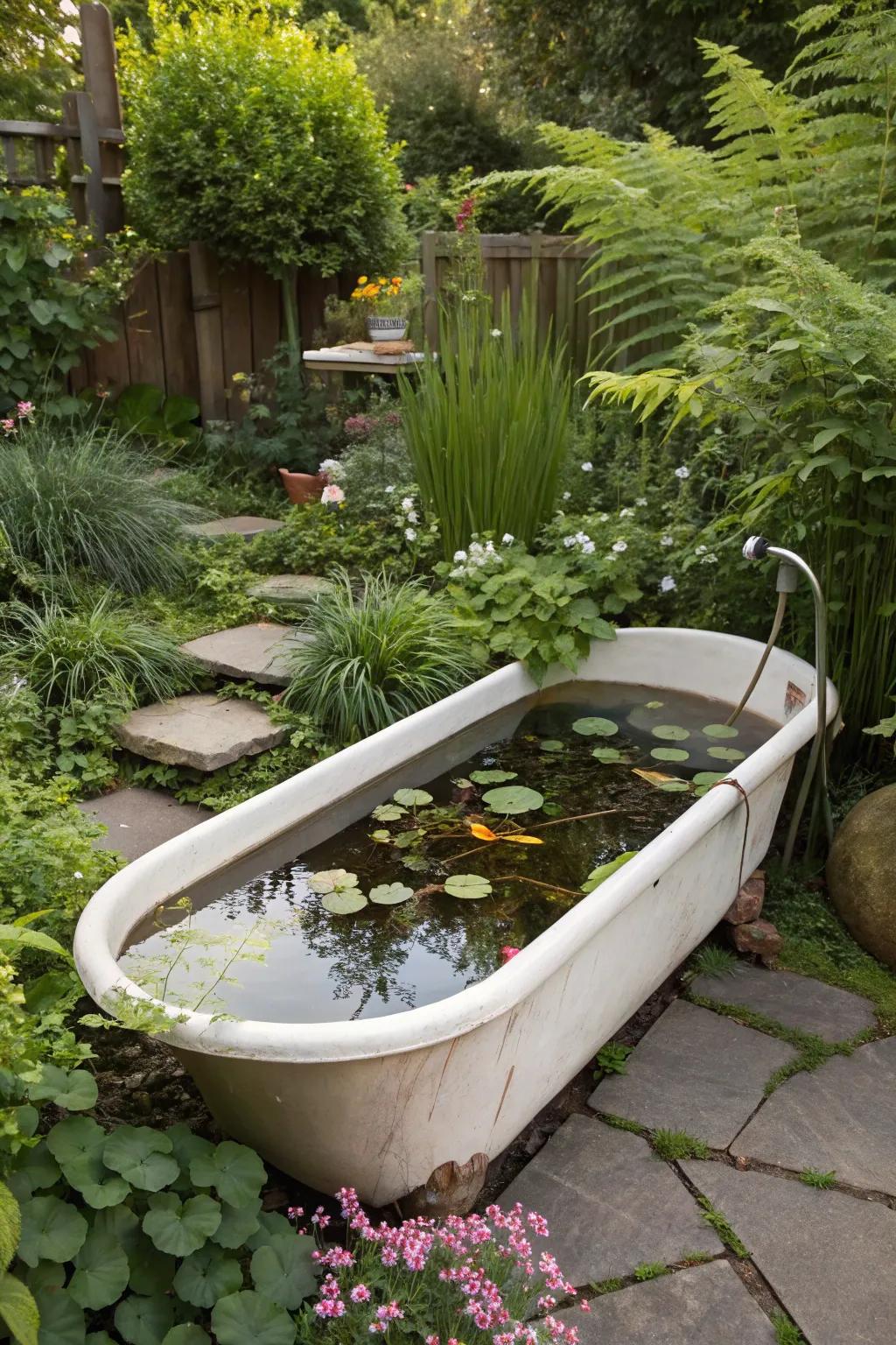 An antique tub turned into a lovely mini pond.