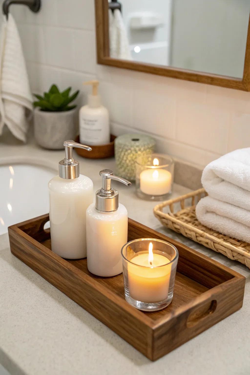 A timber serving dish introduces organization and style to this minimalist bathroom counter.