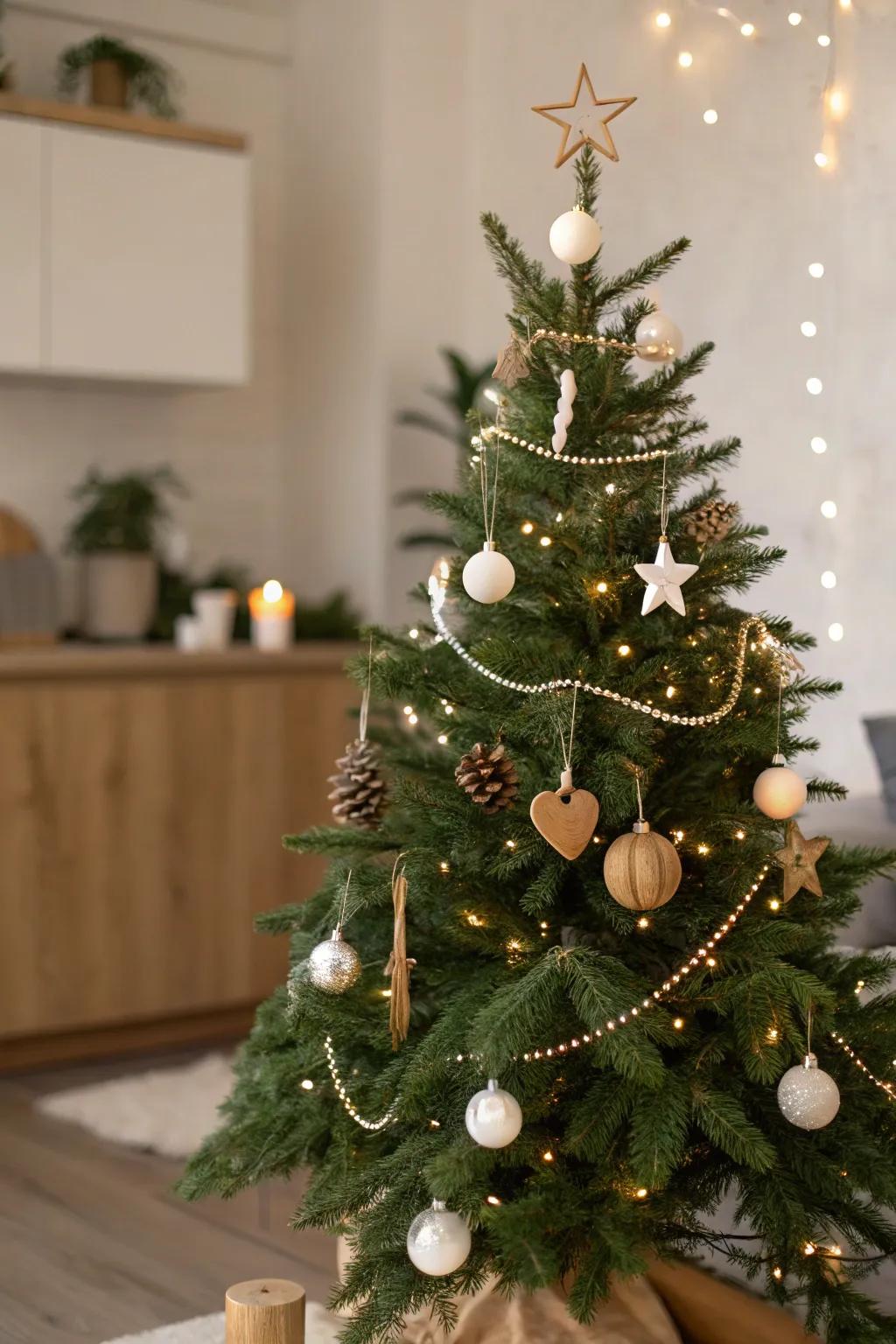 A bare, genuine Christmas tree enhanced with only the essential decorations for an immaculate and stylish statement.