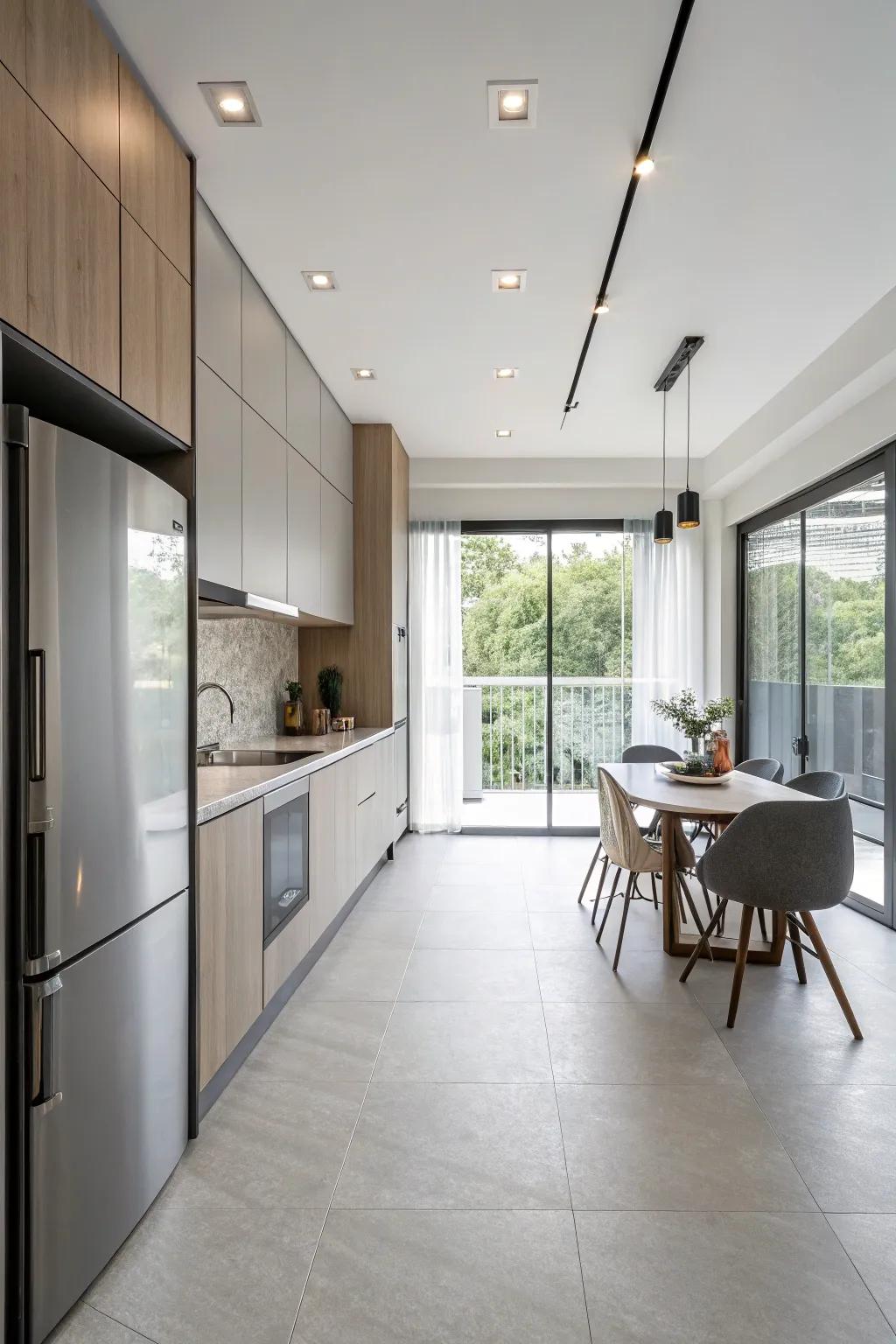 A minimalist kitchen features pristine, straight lines, enhancing its modern aesthetic.