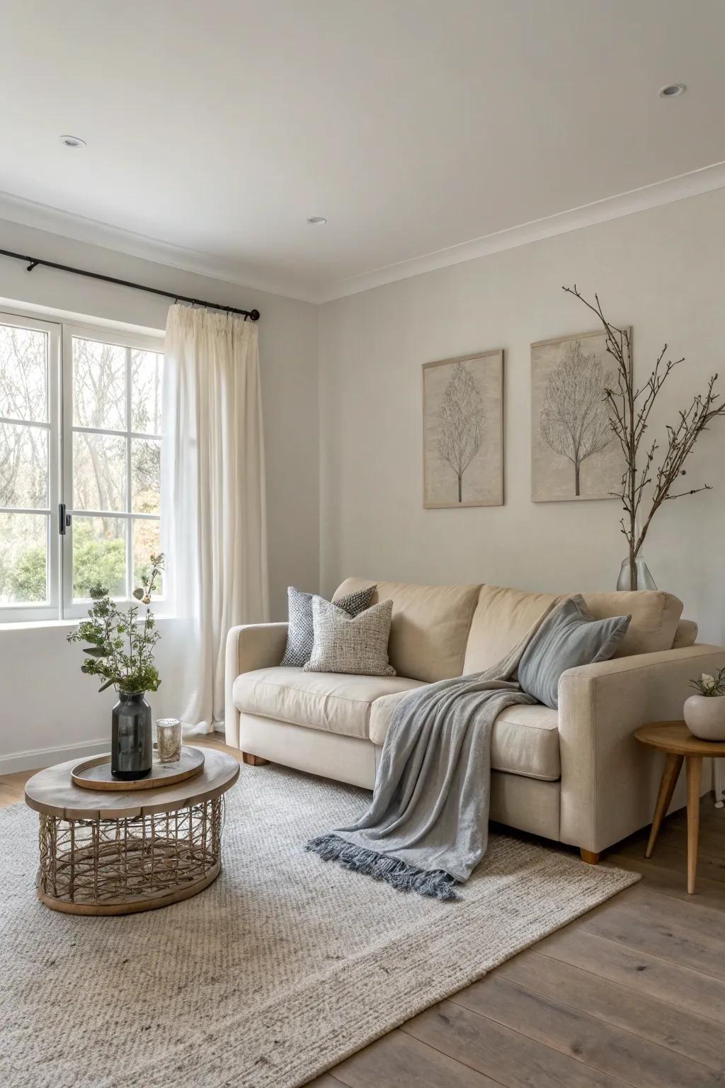 A minimalist living space showcasing a soothing, muted color palette.