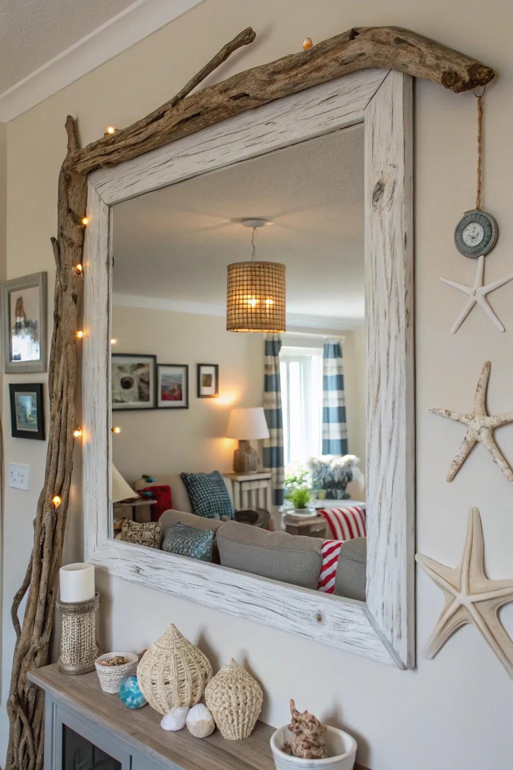 A seashore timber-framed mirror adds coastal appeal to a living space.