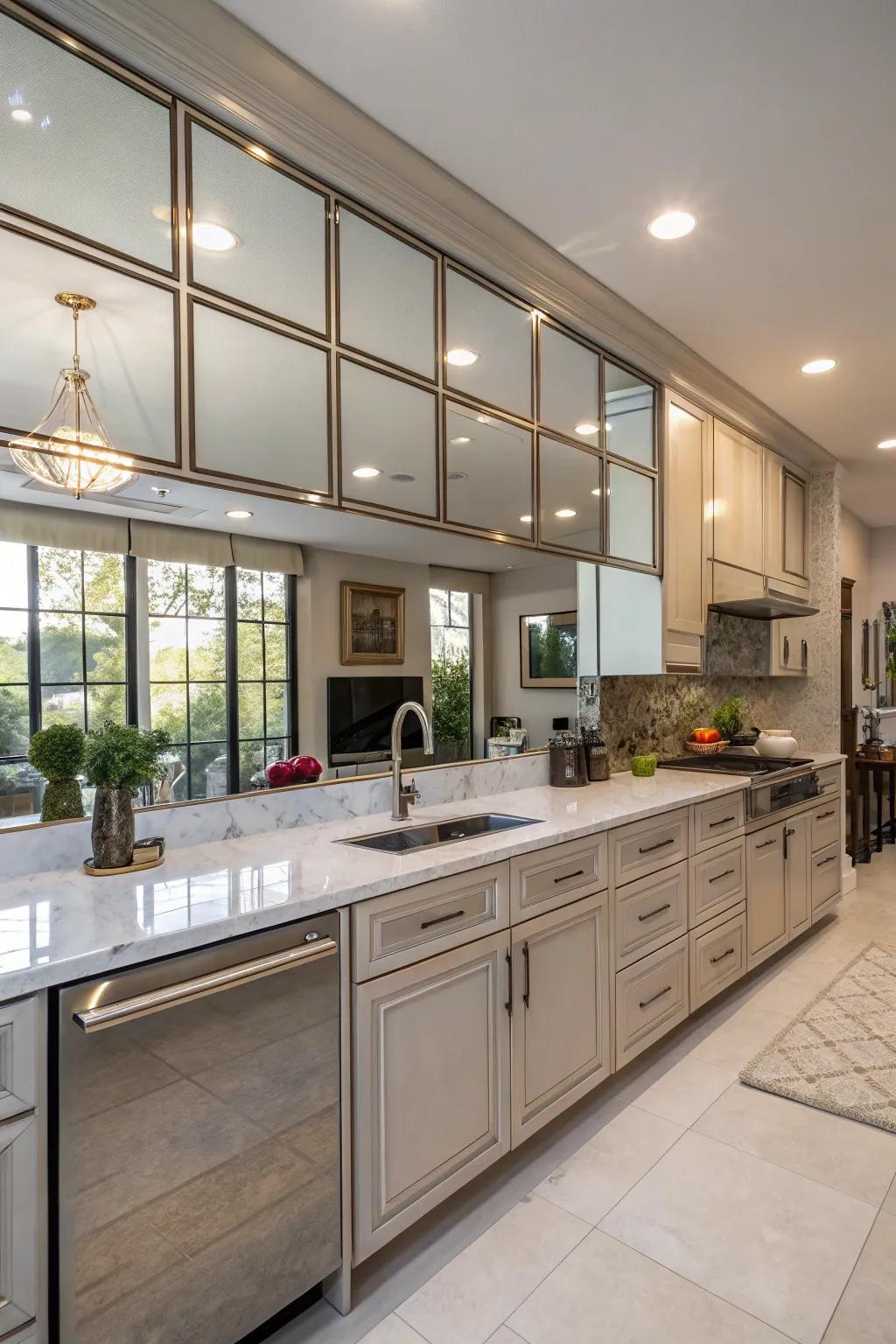 A kitchen featuring a mirrored backsplash, adding both depth and brightness.