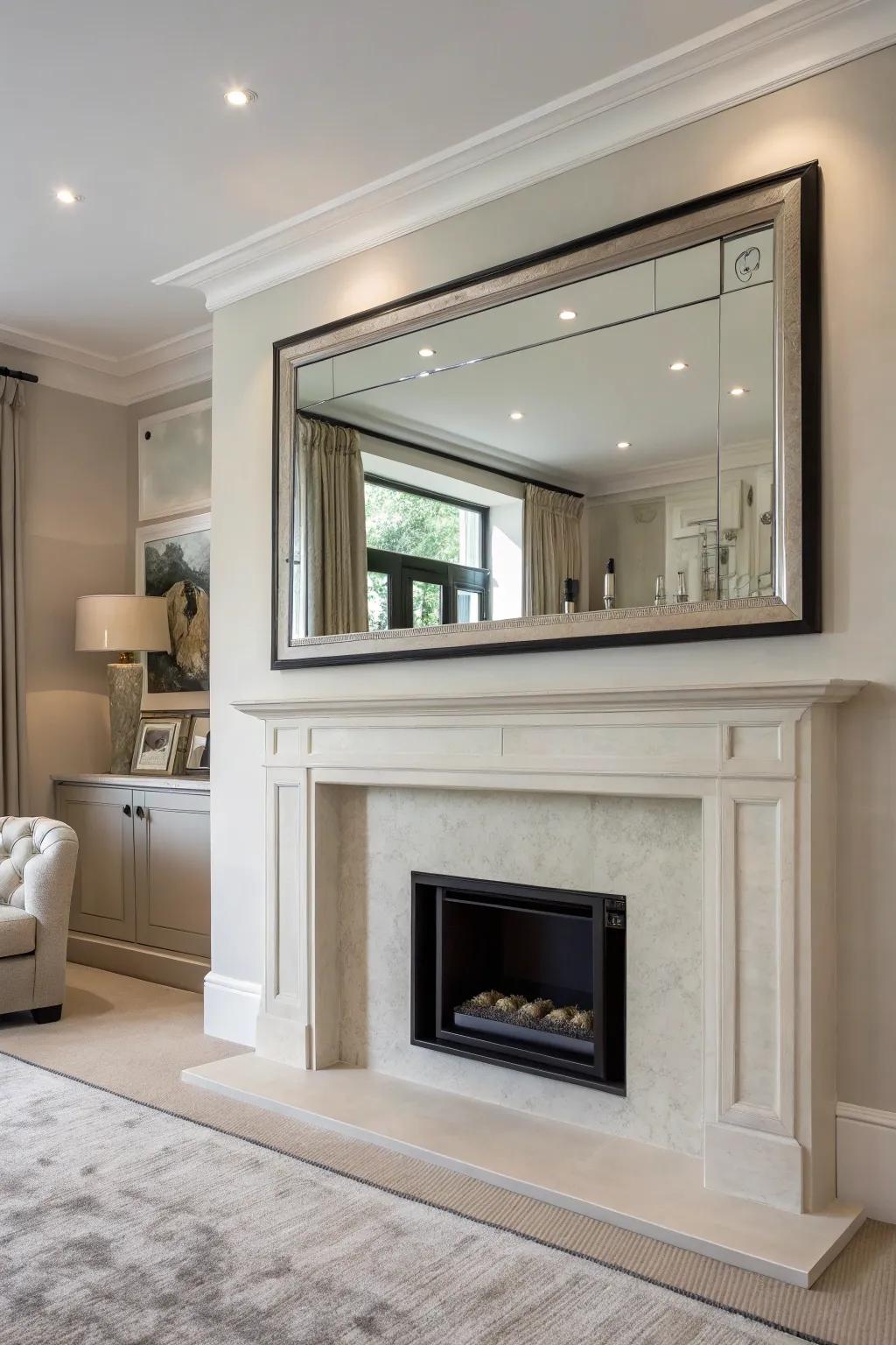 An edgeless mirror perfectly complements a minimalist fireplace design.