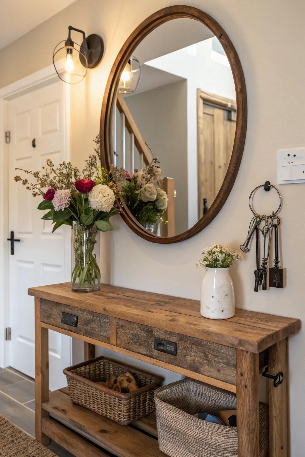 A welcoming entrance area featuring a circular mirror and a rustic shelf for everyday necessities.