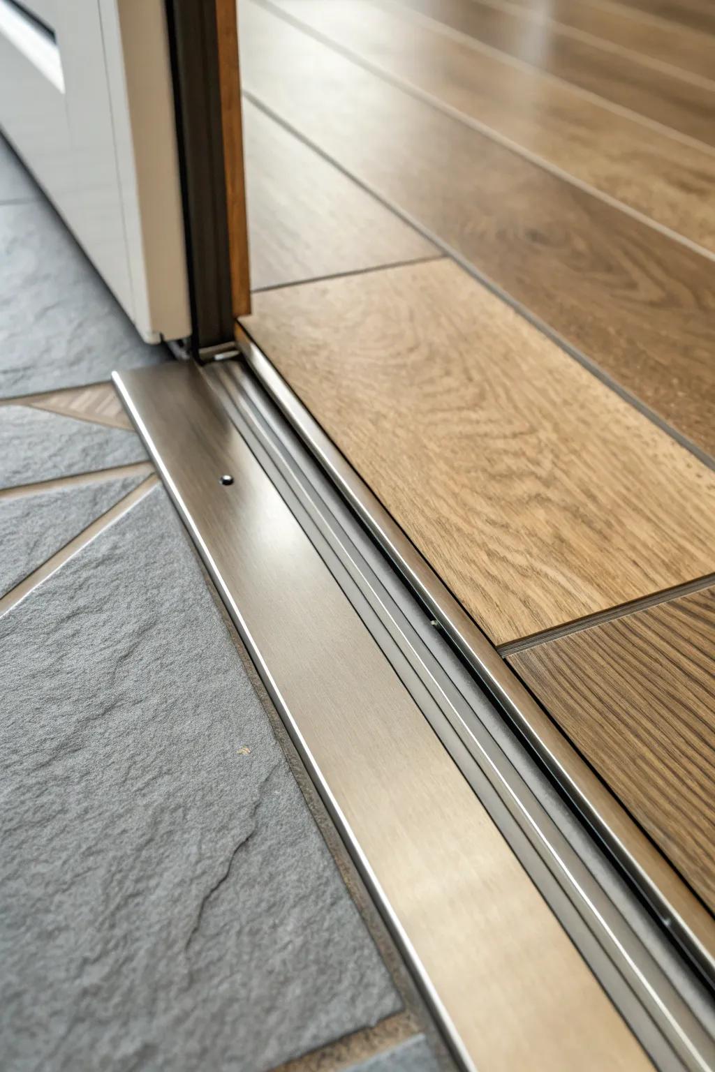 A refined metal border strip beautifully connects tile and hardwood flooring.