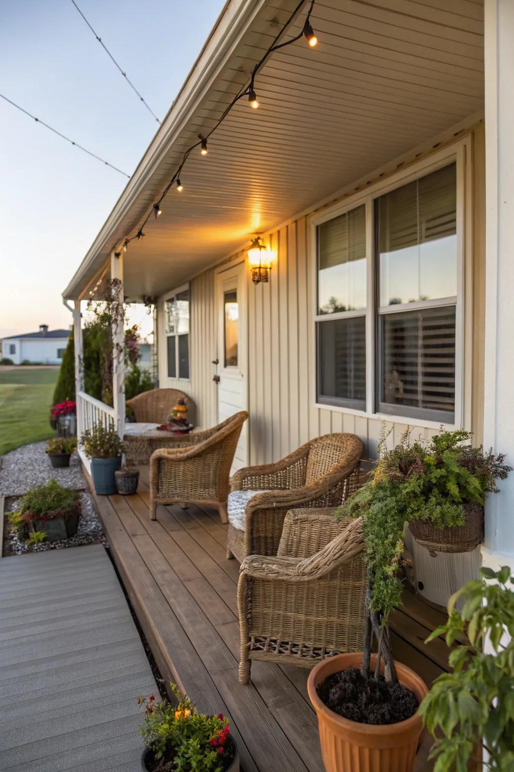 A charming veranda boasting rattan chairs and potted plants adjoined to a mobile home, a great place to unwind.