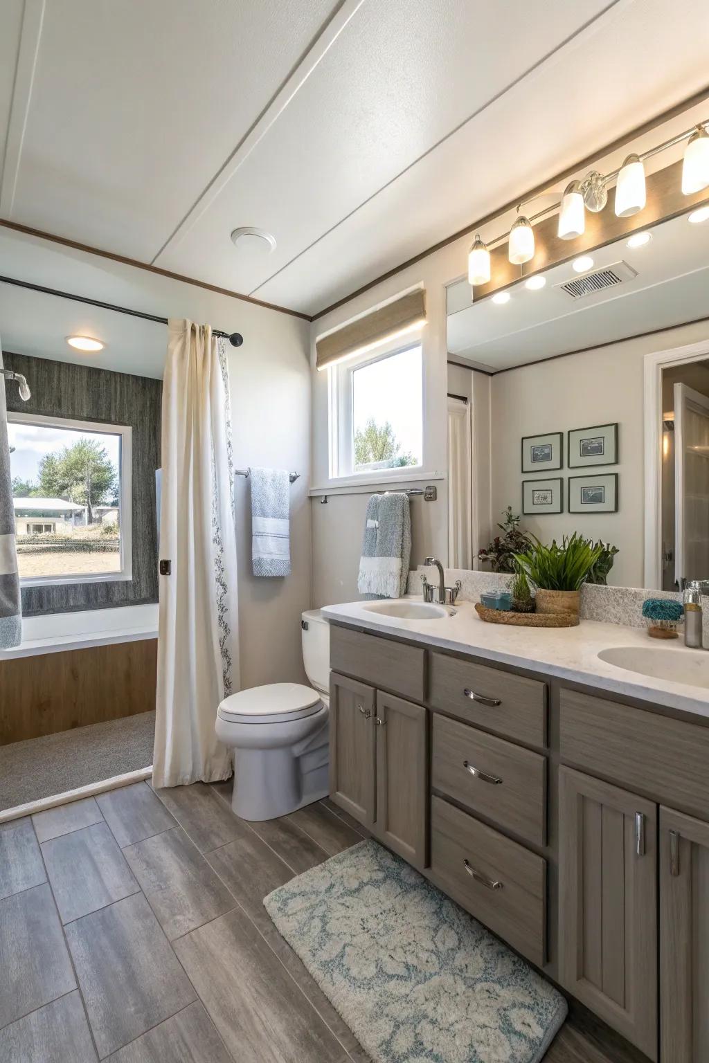 An intelligently devised open-concept bathroom layout within a mobile home, ingeniously optimizing space.