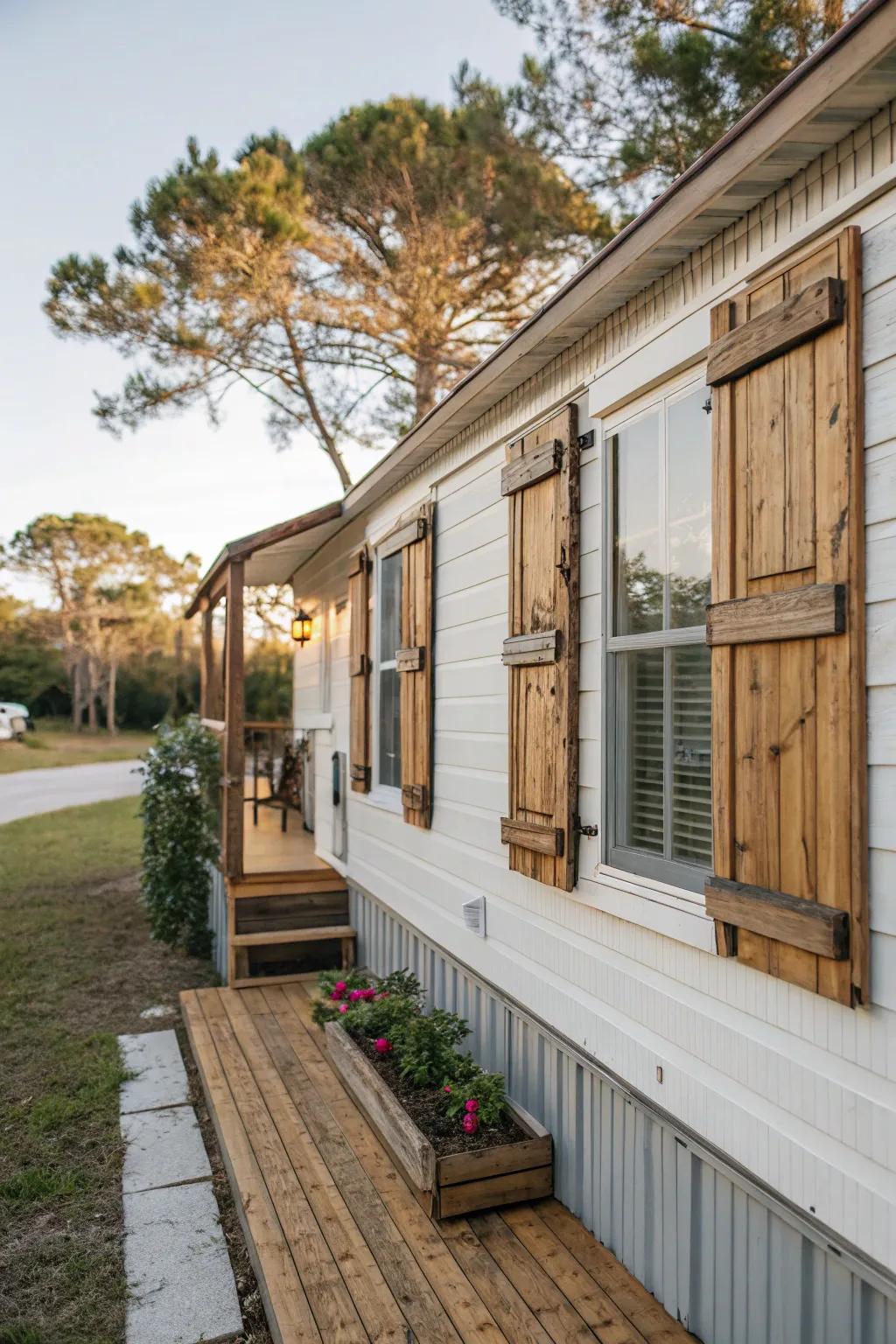 Reclaimed wood shutters enhancing the rustic charm of a mobile home.