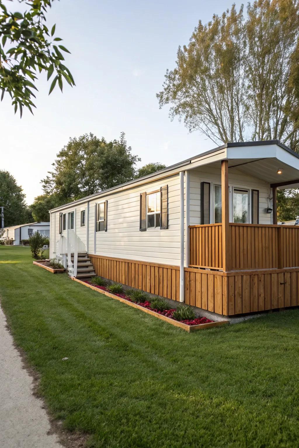 Horizontal wood panels provide a timeless and harmonious appearance for your mobile home.