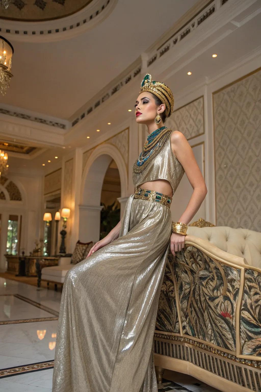 A modern interpretation of Cleopatra featuring glamorous metallic accents.