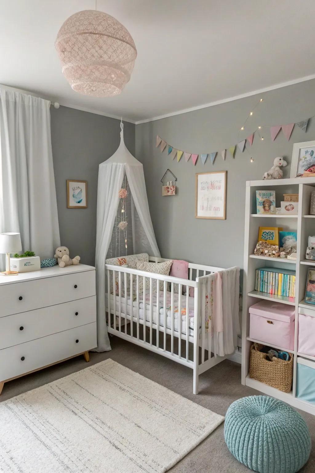 A peaceful baby boy's haven featuring a muted color palette.