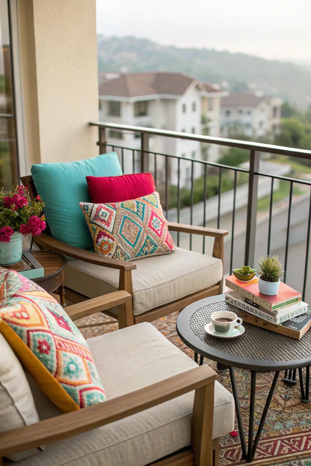 Design your cozy area with comfortable seating and a hint of color.