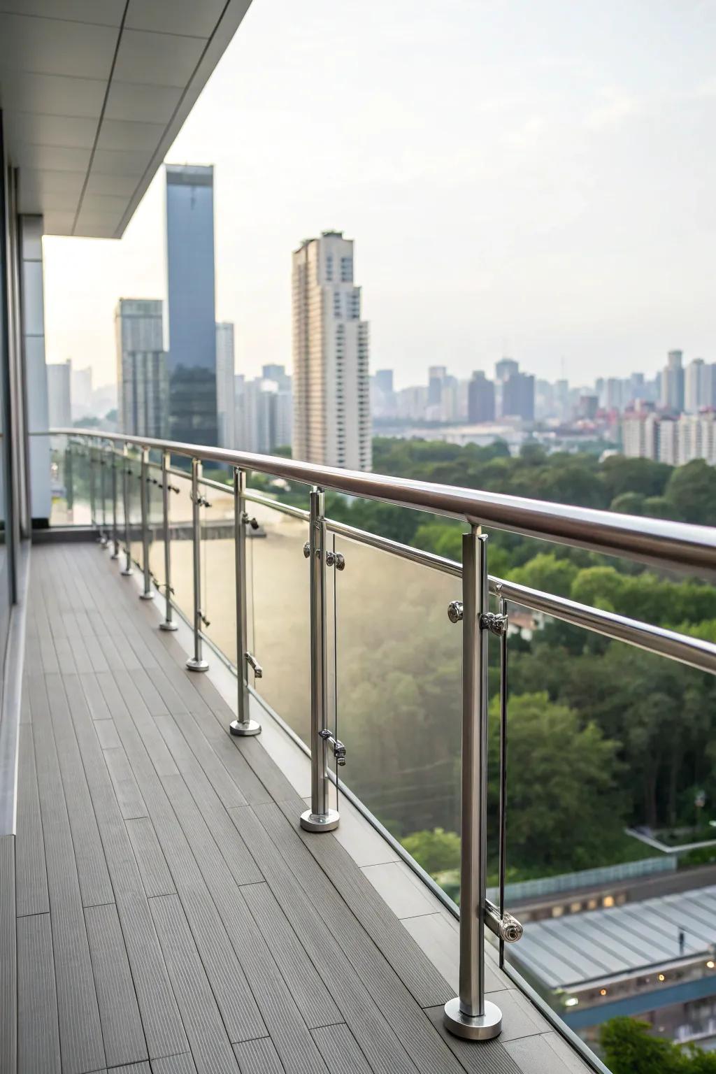 Refined and understated metal balcony railing with city backdrop