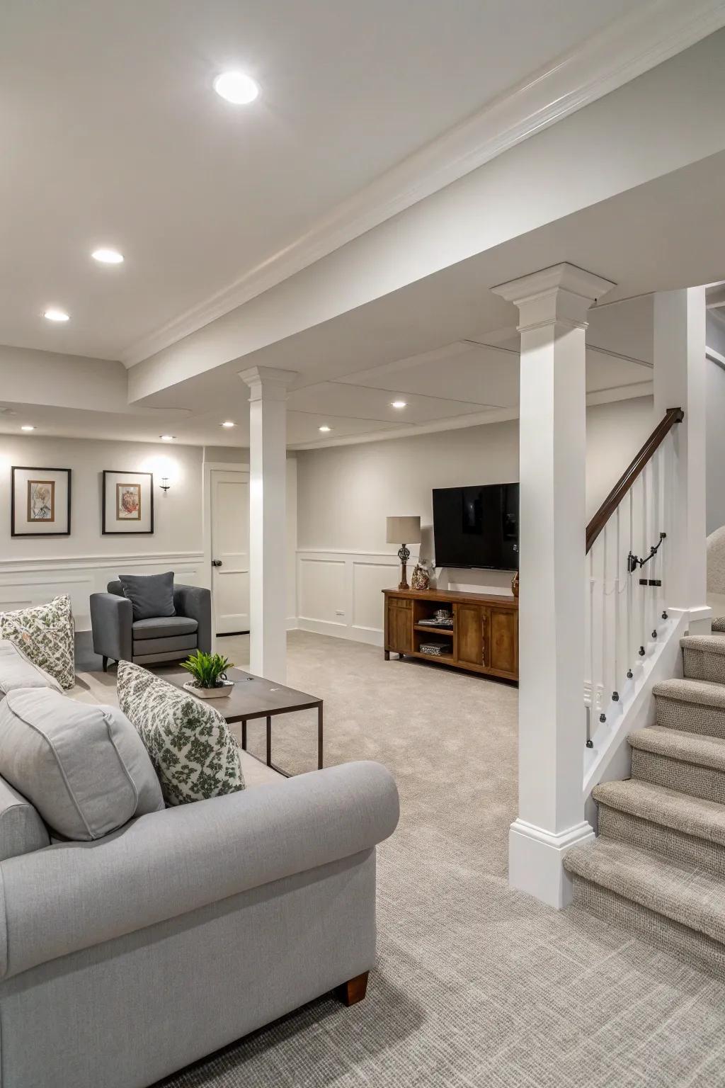 Neutral hues establish a flexible base in your modern basement.