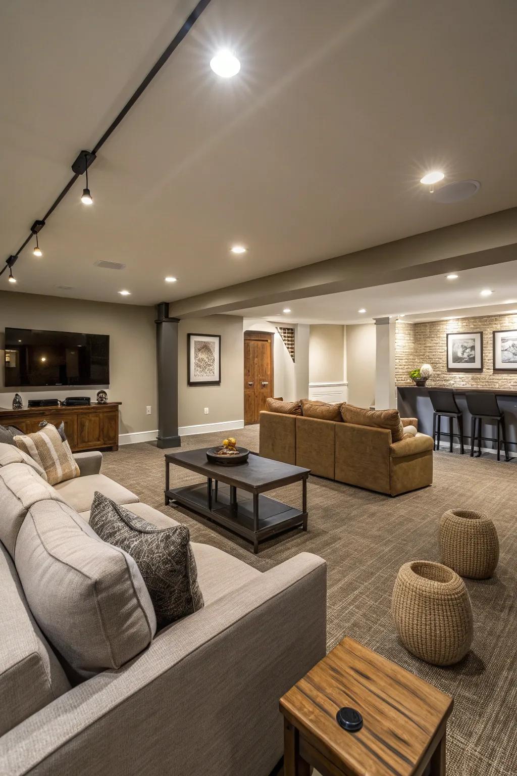 Inset lights merge flawlessly into the ceiling, ensuring the basement remains bright and uncluttered.