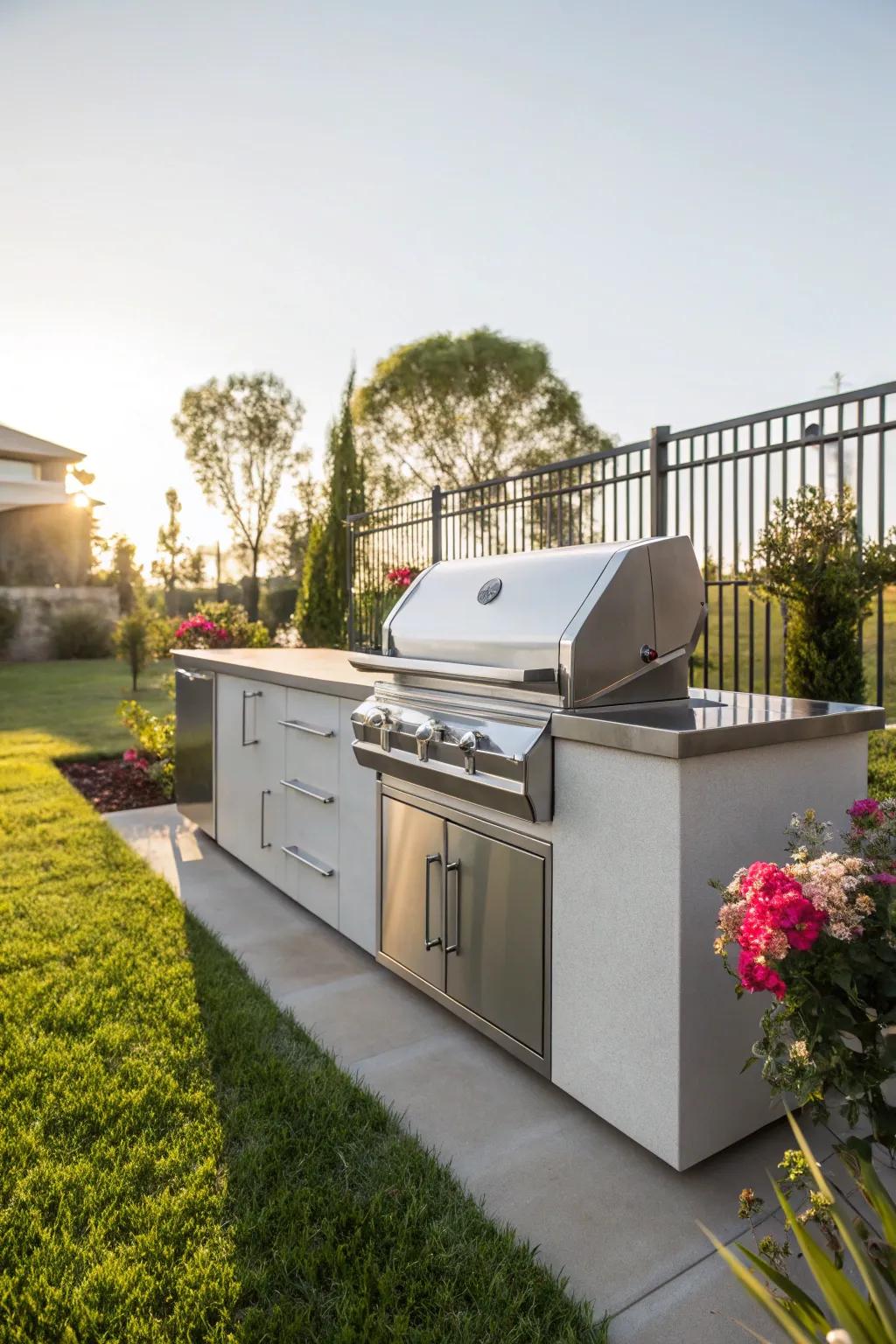 Stainless steel BBQ island shimmering in the sunlight.