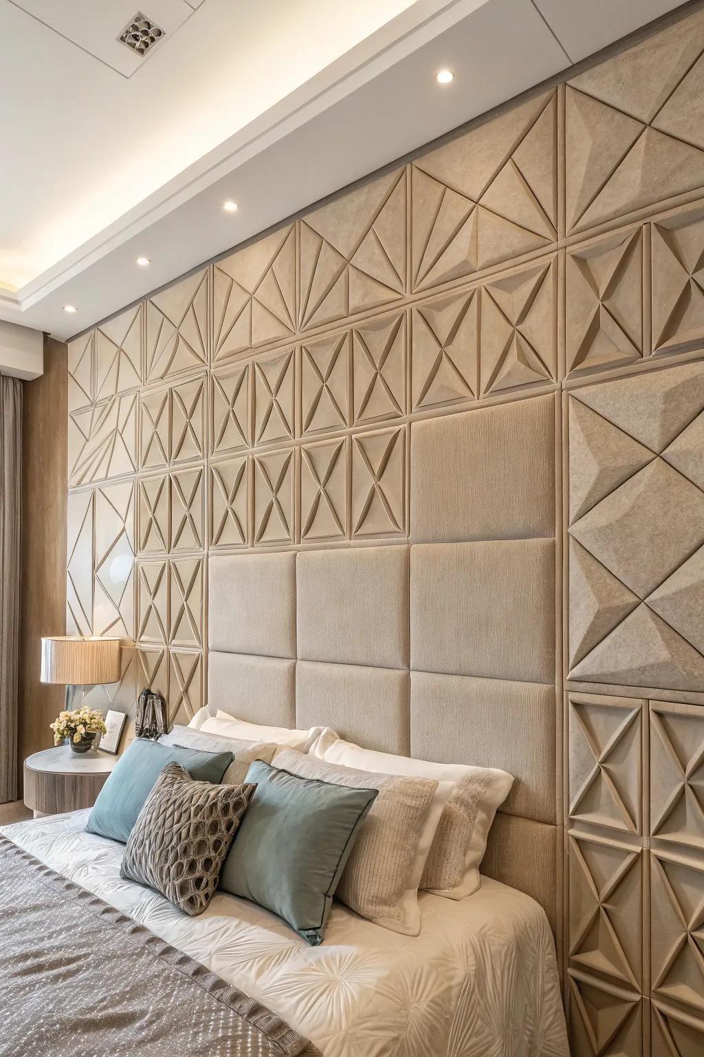 Embossed shape panels give this bedroom wall dimension and a modern flair.