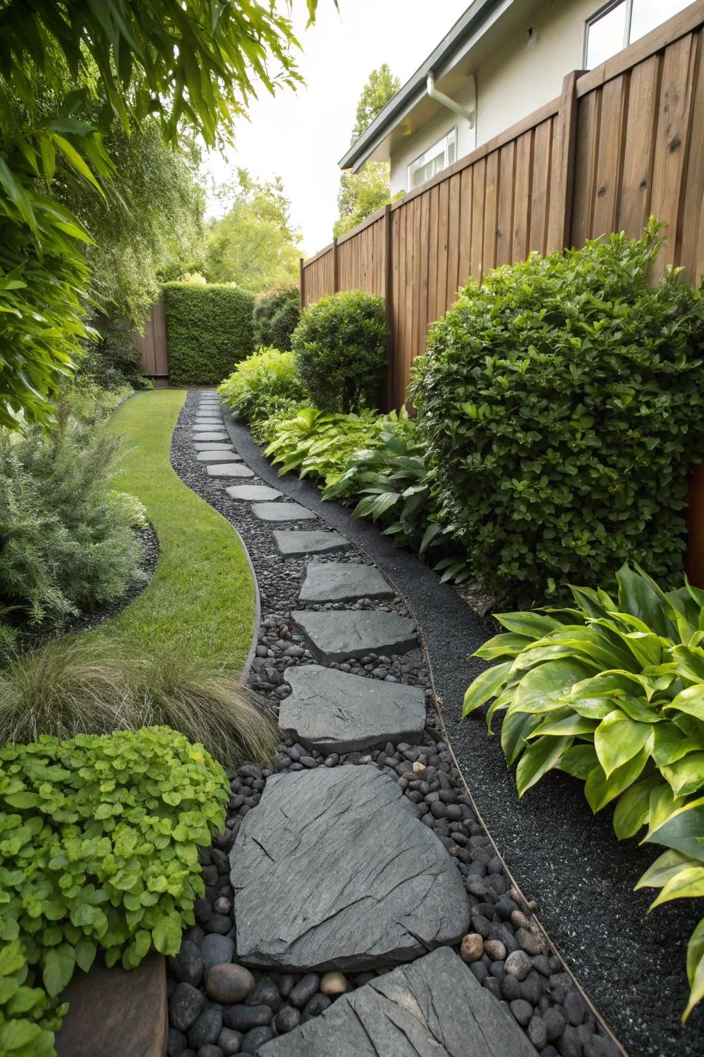 A garden path lined with sophisticated dark stones.