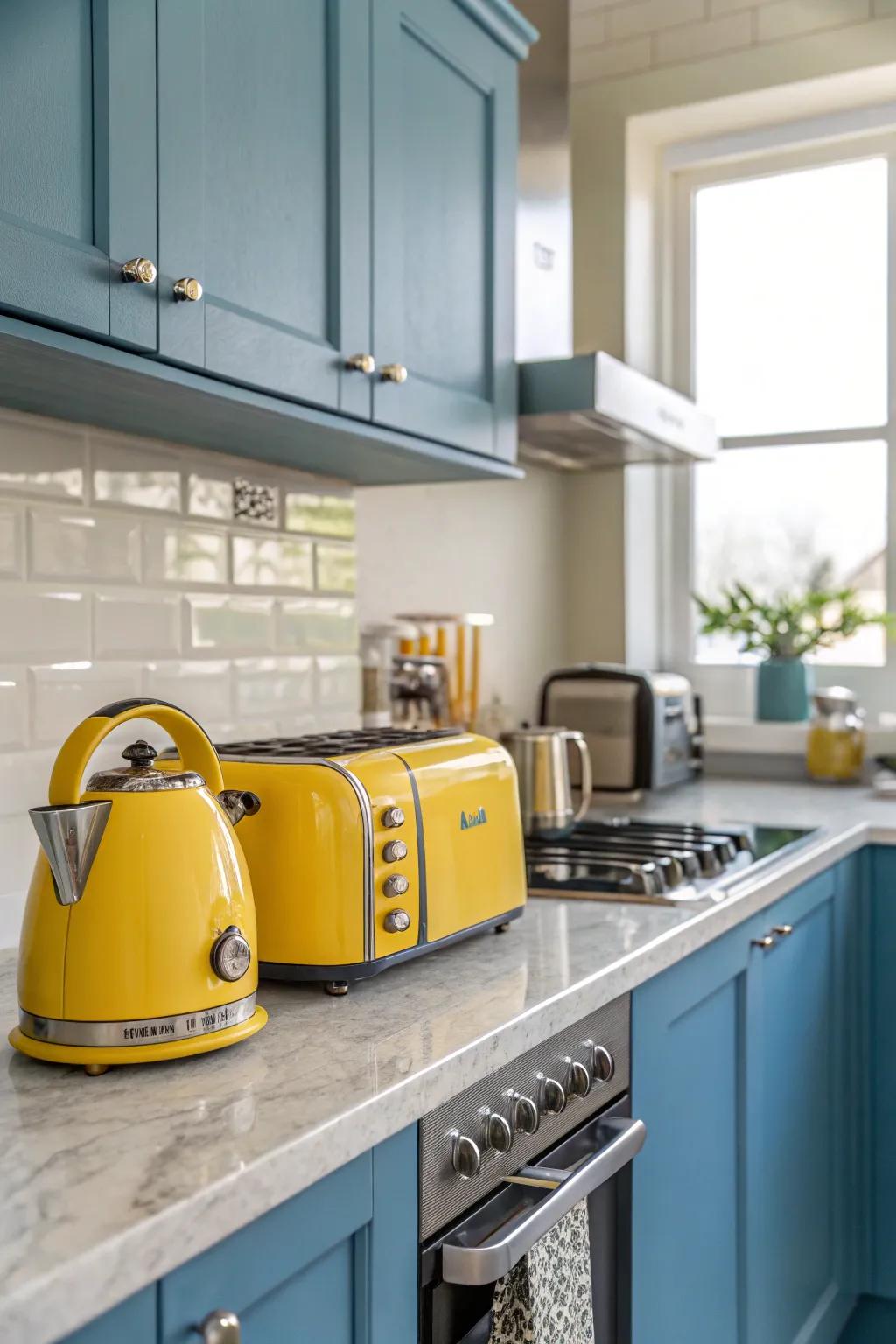 Lustrous yellow gadgets introduce a lively note to a trendy kitchen.