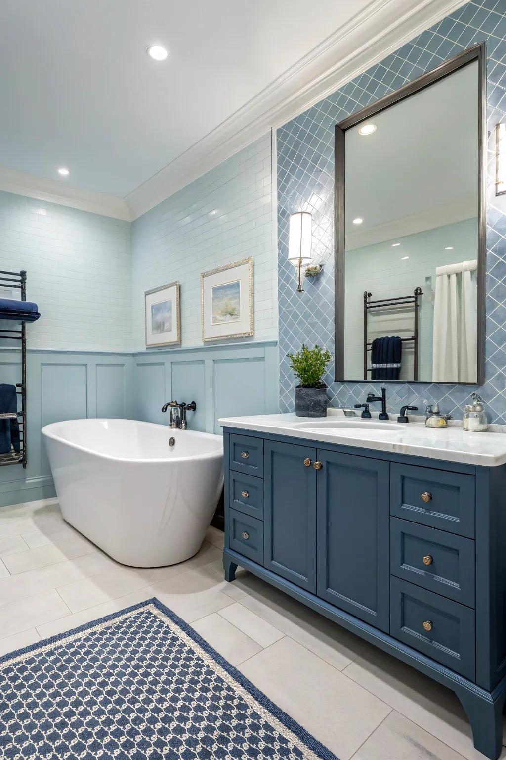 A serene fusion of cerulean and ultramarine crafts an ageless washroom atmosphere.