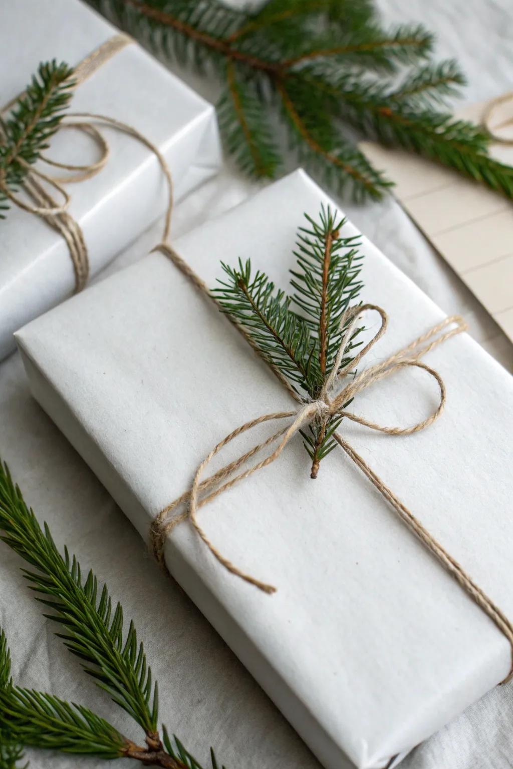 A simply wrapped Christmas gift in unadorned ivory paper, tied with cord and garnished with greenery.