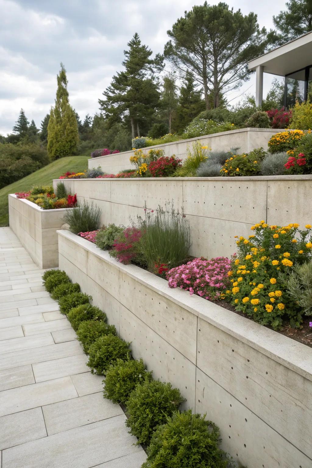 Minimalist concrete wall featuring crisp lines, ideal for a contemporary garden setting.