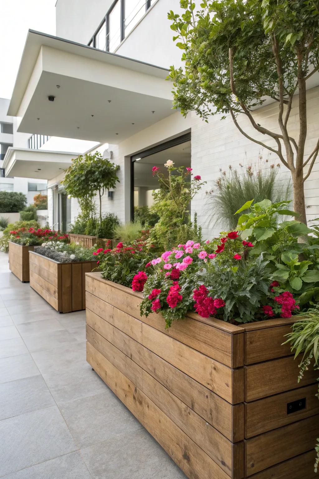 Elevated planters impart dimension and refinement to any garden's corner.