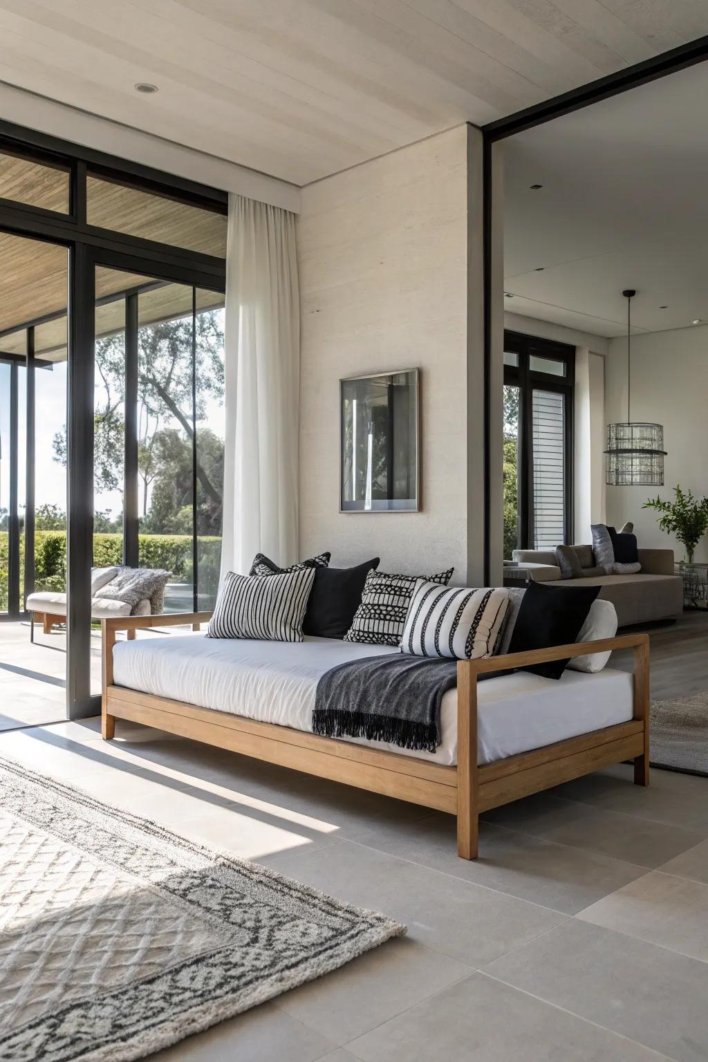 A simple daybed displaying single-tone bedding for a polished, modern appearance.