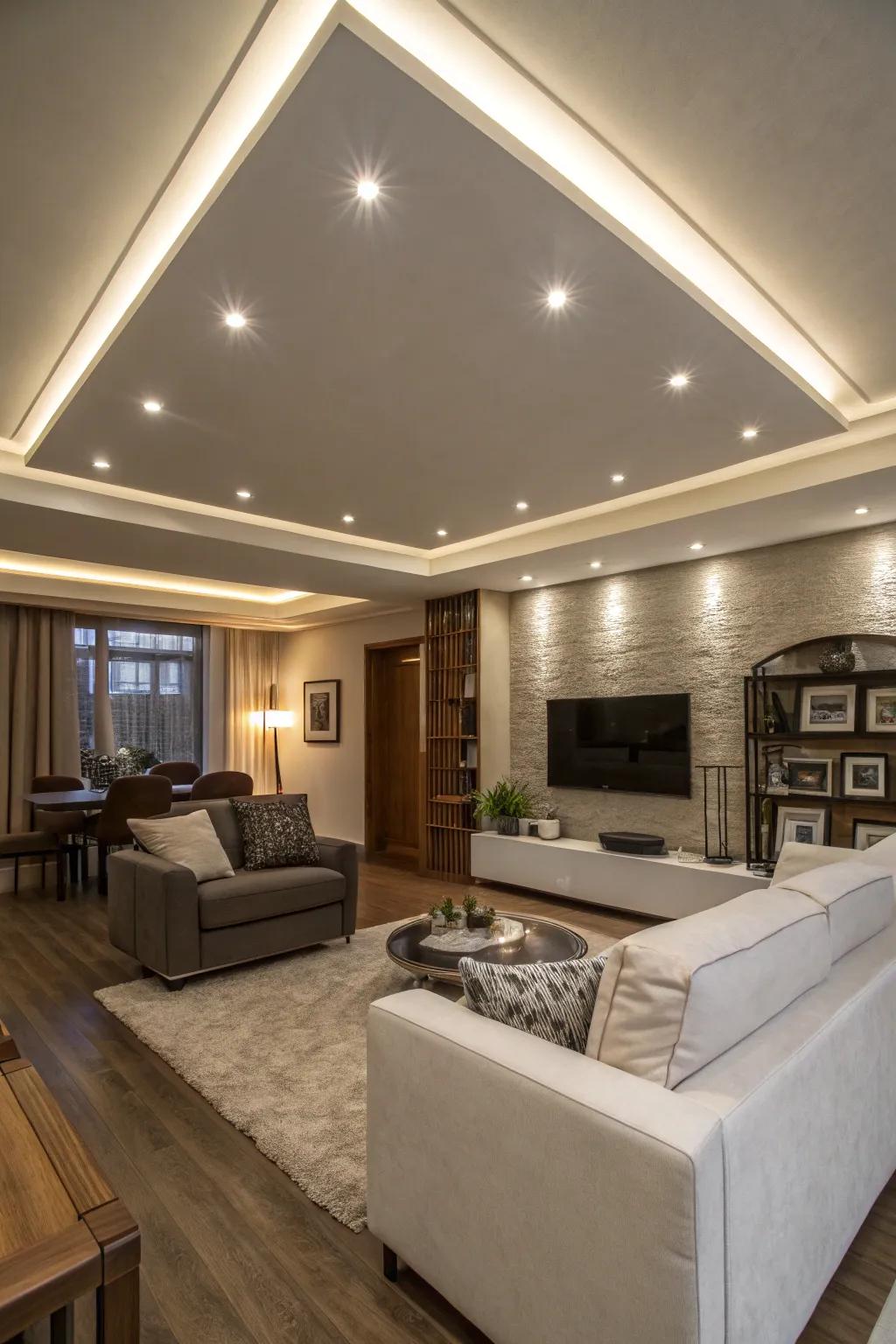 Integrated lighting effortlessly merges into a contemporary ceiling.