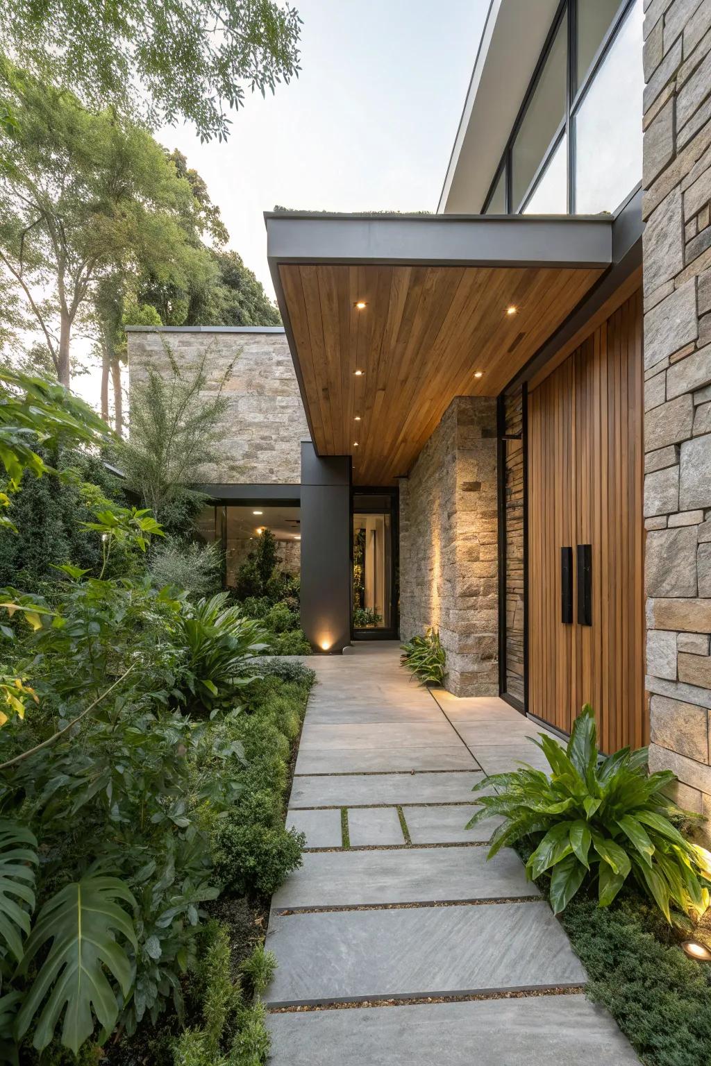 Organic materials such as stone and lumber establish a balanced, warm reception area.