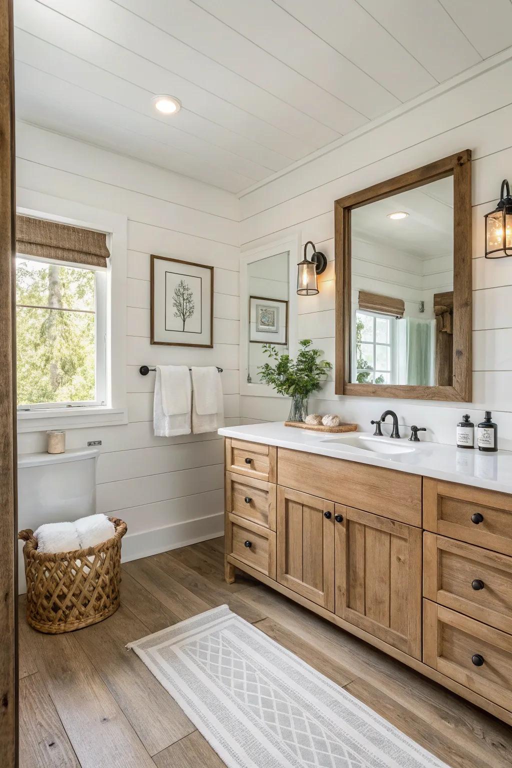 Soft, neutral hues cultivate a serene atmosphere in this farmhouse bathroom.