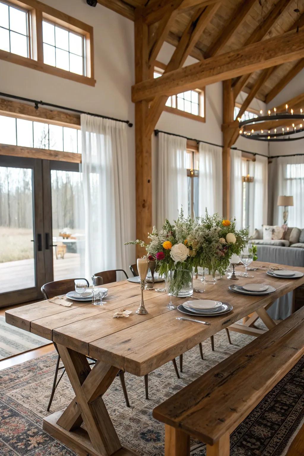 A country-style wooden table dictates the overall feel of your farmhouse dining area.