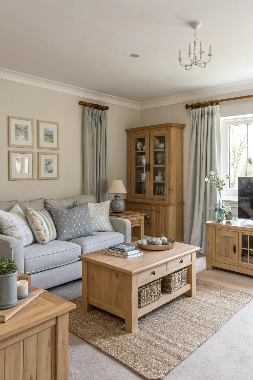 A peaceful lounge featuring a neutral color scheme, establishing the ideal modern farmhouse atmosphere.